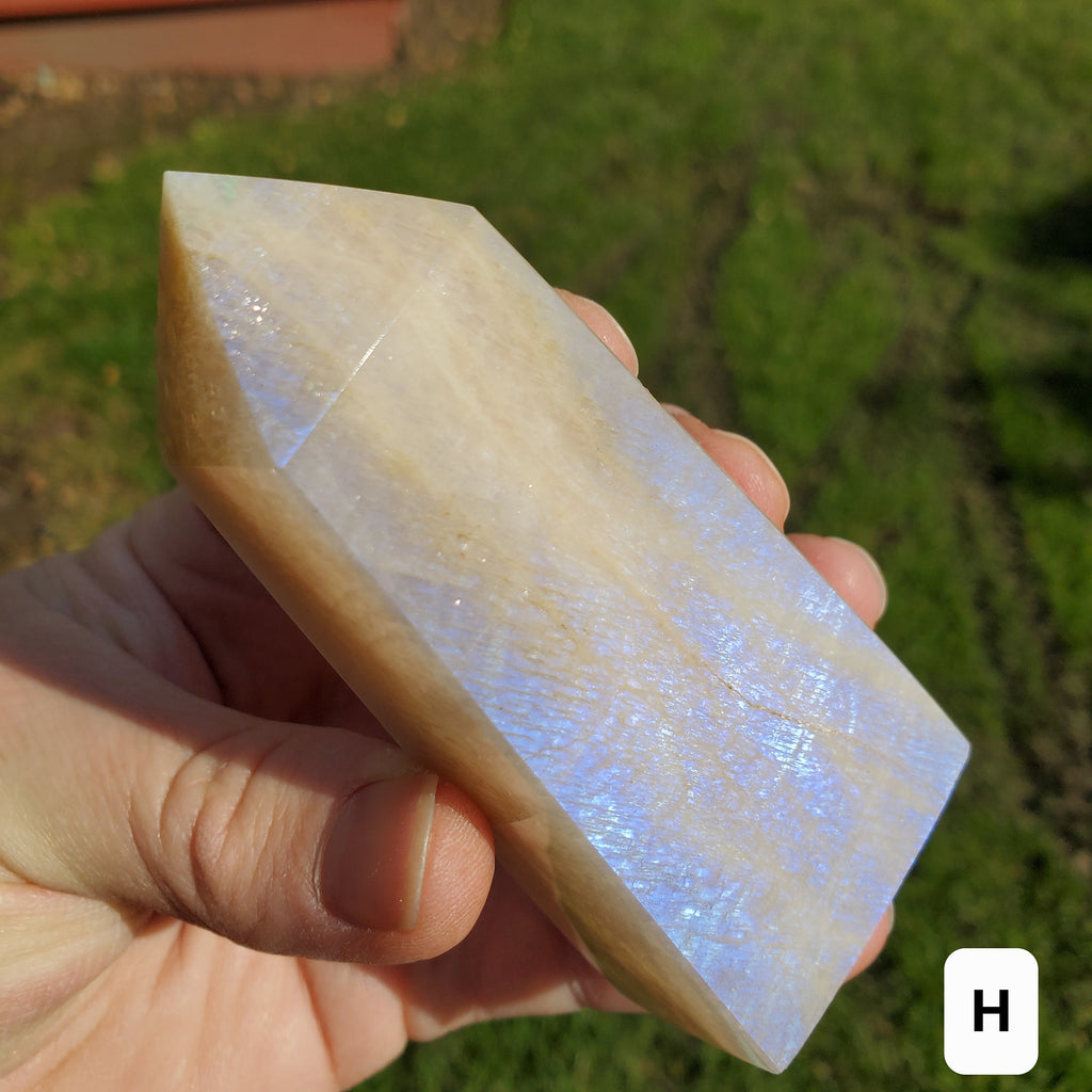 Blue & Gold Flashy Moonstone Tower - Uplifting, Raises Vibration, Feminine Energy, Empowering - Flashy Crystal Point Healing Point Gemstone