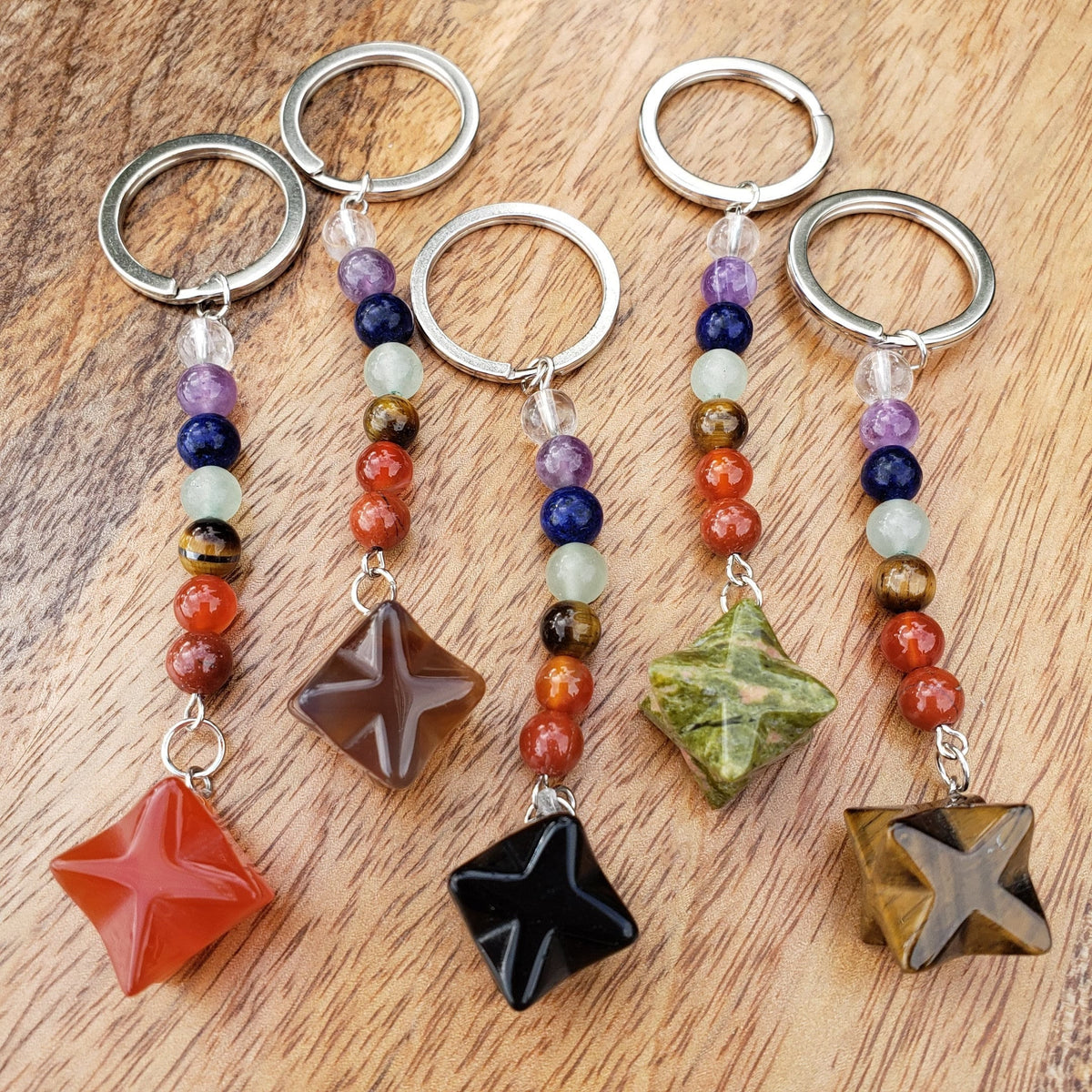 Merkaba Chakra Keychain - Unakite, Carnelian, Obsidian, Orca Agate, Tigers Eye - Crystal Key Fob Rainbow Healing Crystals