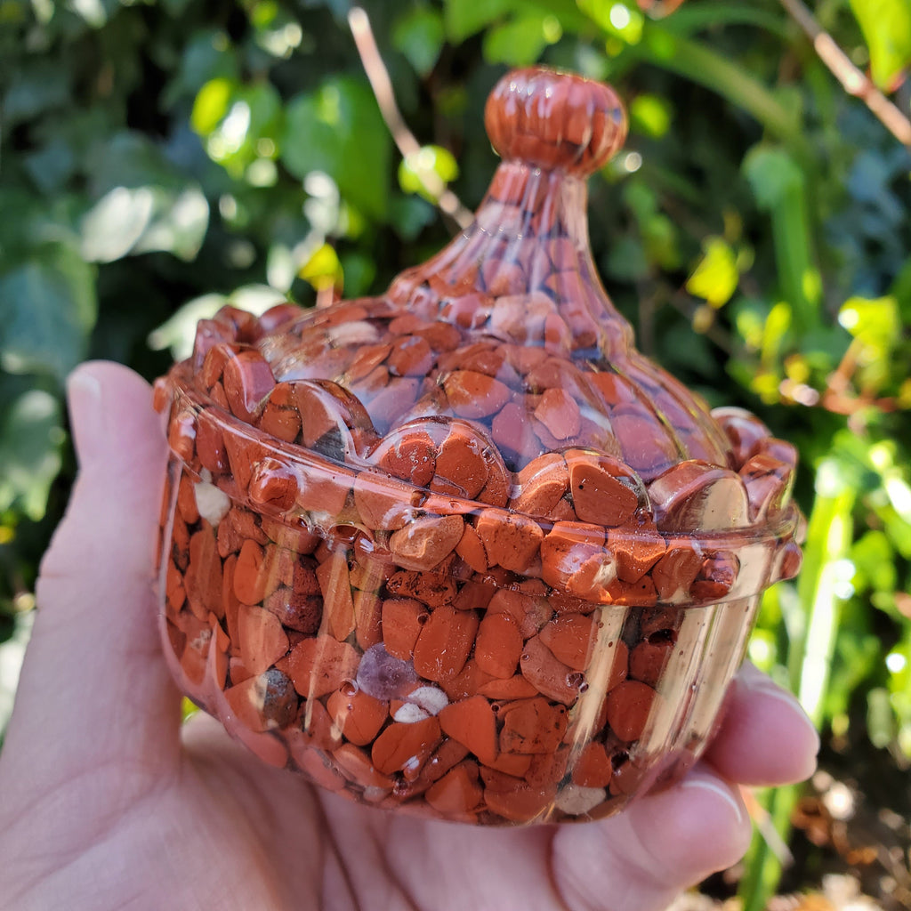 Red Jasper Trinket Jar | Handmade Resin Jar with Red Jasper Chip Stones - Cellular Healing, Creativity, Reflection - Red Room Stash Jar