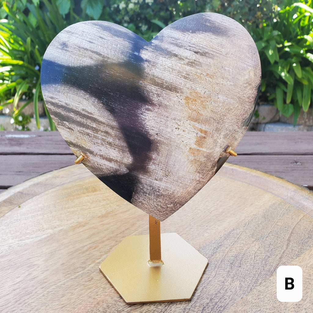 Big Petrified Palm Root Fossil Heart on Stand - Calming, Cleansing, Positive Energy, Wisdom - Crystal Heart Wooden Stone Healing Gemstone