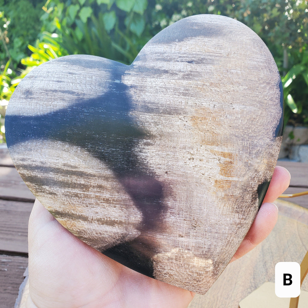 Big Petrified Palm Root Fossil Heart on Stand - Calming, Cleansing, Positive Energy, Wisdom - Crystal Heart Wooden Stone Healing Gemstone
