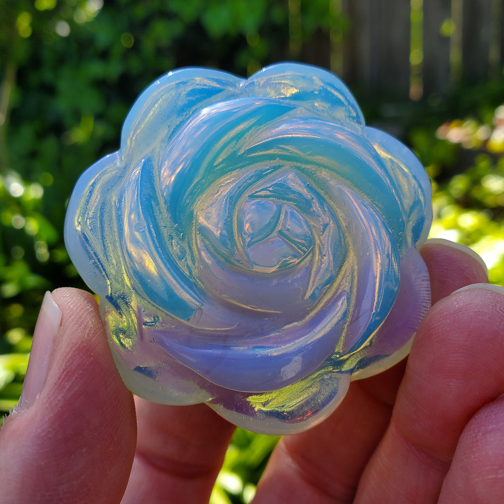 Opalite Flower Carving - Confidence, Boost Inner Power, Stabilizing - Transparent Glass Rose Crystal Healing Gemstone