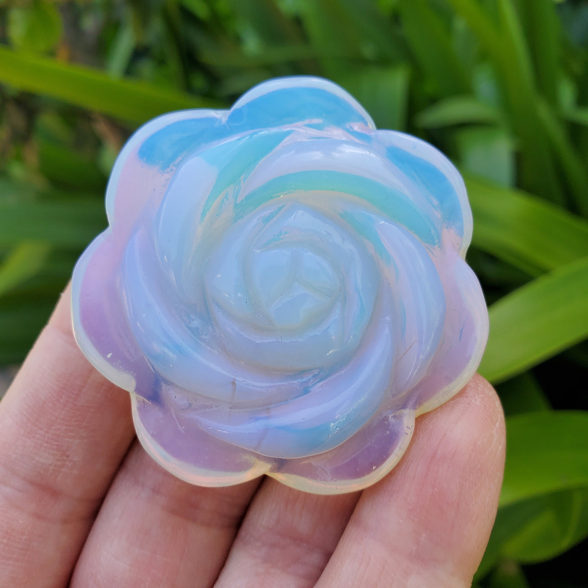 Opalite Flower Carving - Confidence, Boost Inner Power, Stabilizing - Transparent Glass Rose Crystal Healing Gemstone