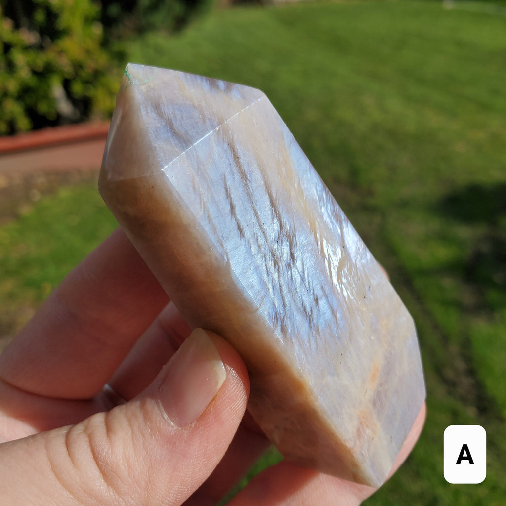 Blue & Gold Flashy Moonstone Tower - Uplifting, Raises Vibration, Feminine Energy, Empowering - Flashy Crystal Point Healing Point Gemstone