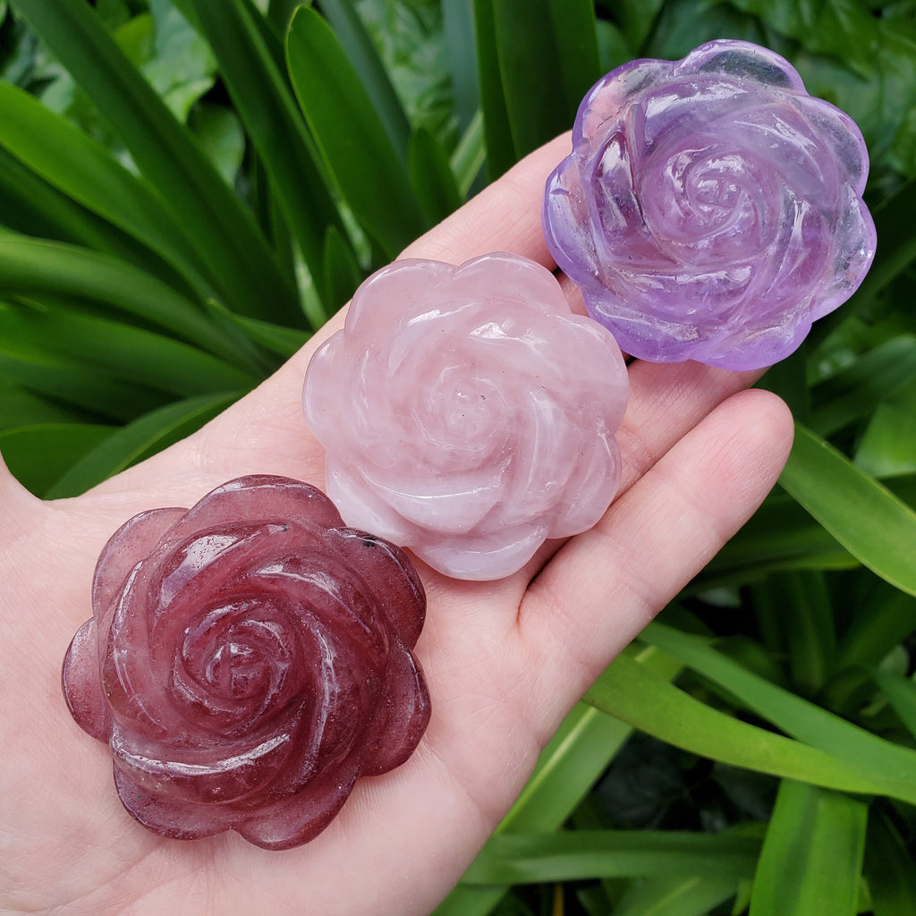 Crystal Rose Trio with Gift Box - Amethyst, Rose Quartz & Strawberry Quartz - Unconditional Love, Gratitude, Stress Relief - Flower Set
