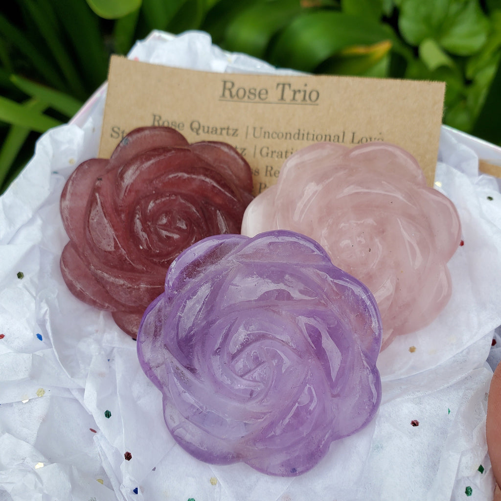 Crystal Rose Trio with Gift Box - Amethyst, Rose Quartz & Strawberry Quartz - Unconditional Love, Gratitude, Stress Relief - Flower Set