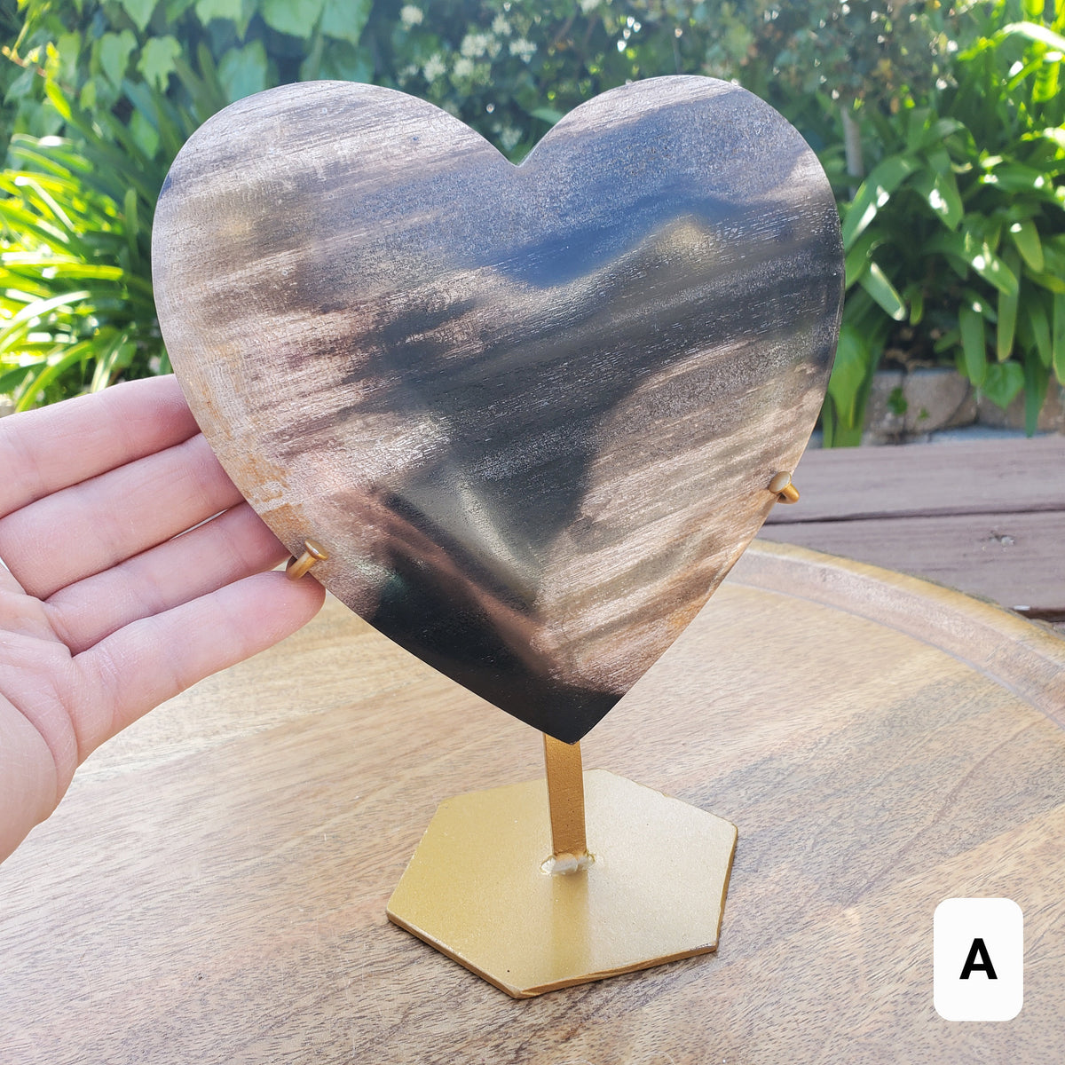 Big Petrified Palm Root Fossil Heart on Stand - Calming, Cleansing, Positive Energy, Wisdom - Crystal Heart Wooden Stone Healing Gemstone