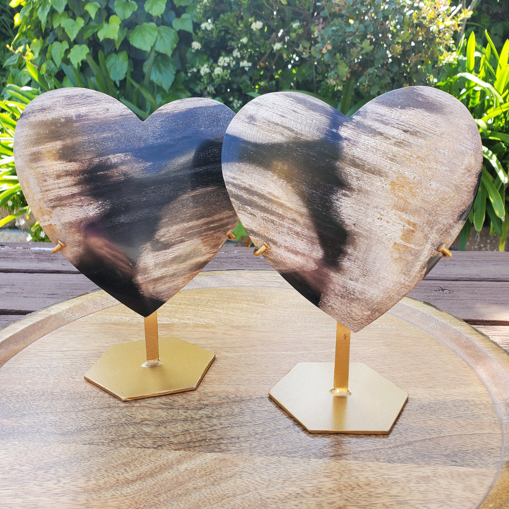 Big Petrified Palm Root Fossil Heart on Stand - Calming, Cleansing, Positive Energy, Wisdom - Crystal Heart Wooden Stone Healing Gemstone