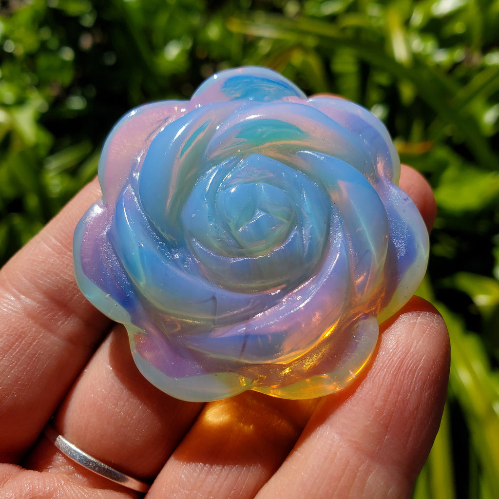 Opalite Flower Carving - Confidence, Boost Inner Power, Stabilizing - Transparent Glass Rose Crystal Healing Gemstone