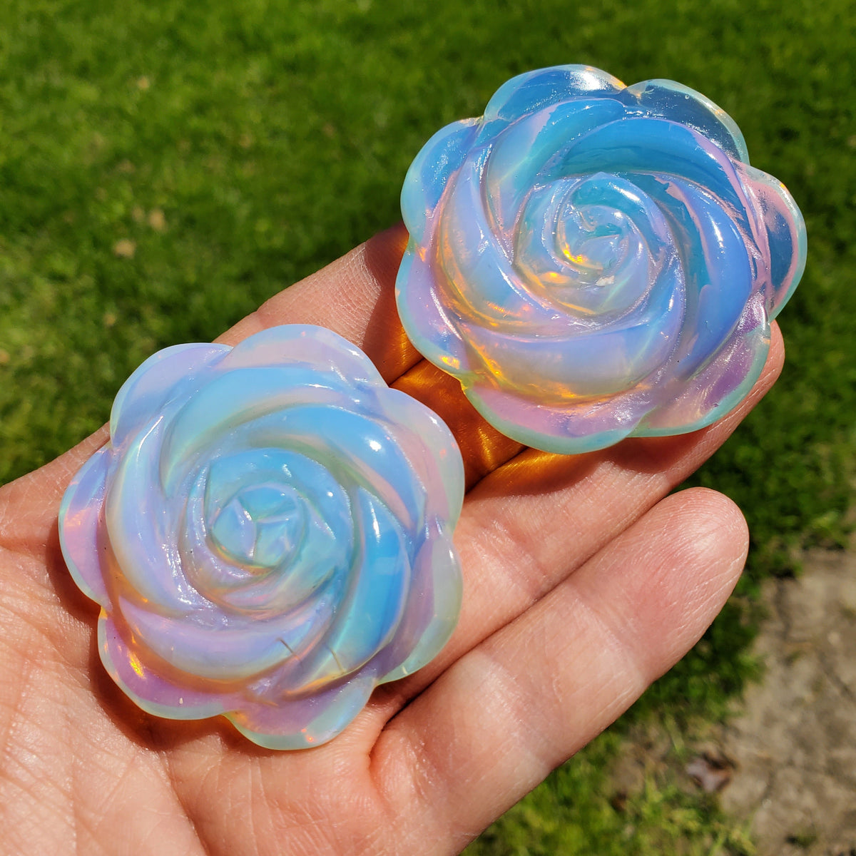 Opalite Flower Carving - Confidence, Boost Inner Power, Stabilizing - Transparent Glass Rose Crystal Healing Gemstone