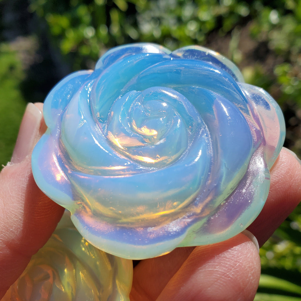 Opalite Flower Carving - Confidence, Boost Inner Power, Stabilizing - Transparent Glass Rose Crystal Healing Gemstone