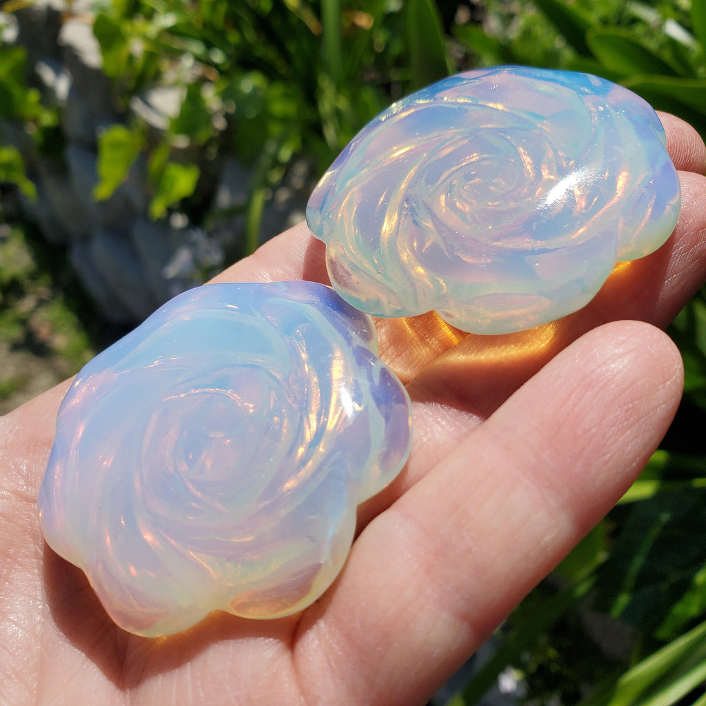 Opalite Flower Carving - Confidence, Boost Inner Power, Stabilizing - Transparent Glass Rose Crystal Healing Gemstone