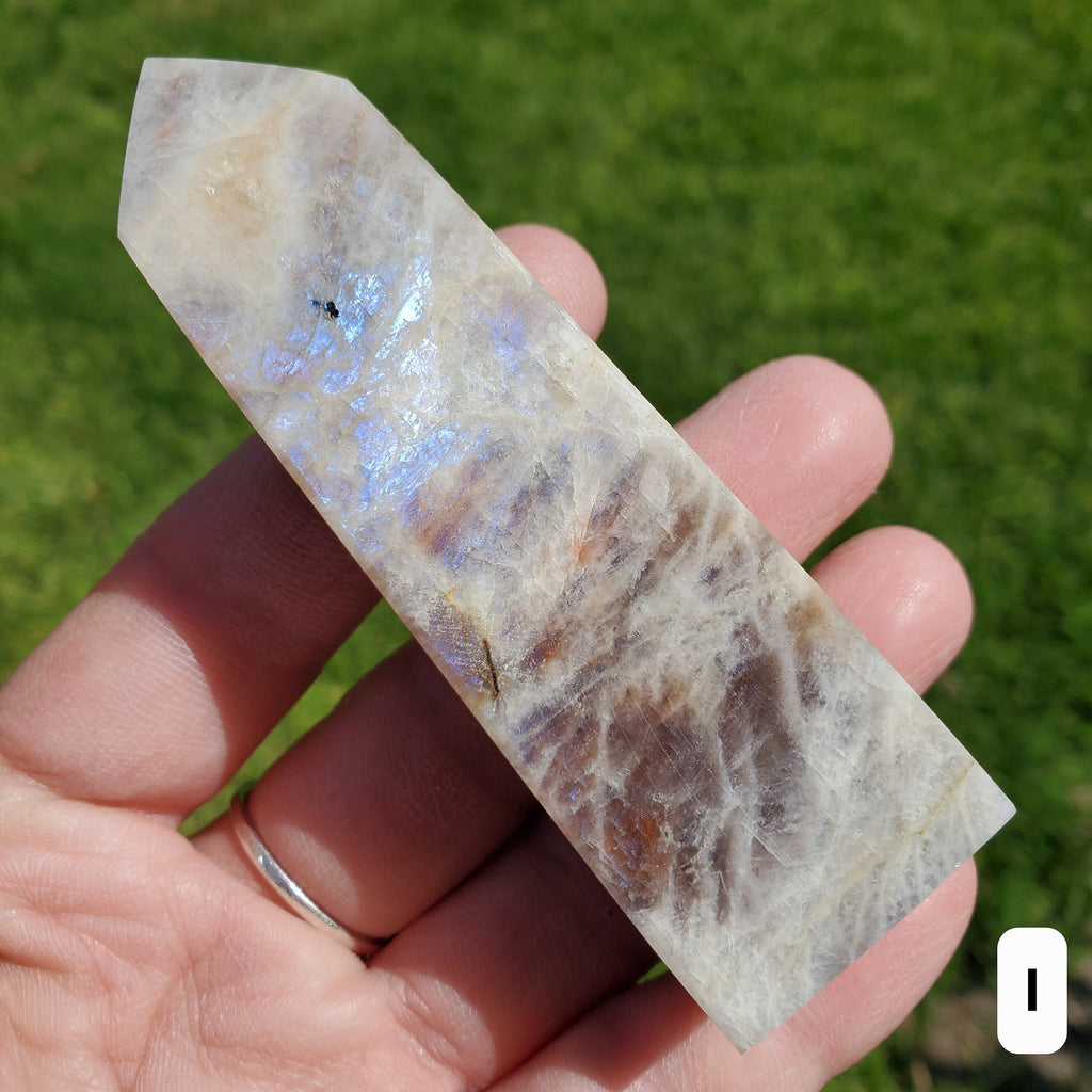 Blue & Gold Flashy Moonstone Tower - Uplifting, Raises Vibration, Feminine Energy, Empowering - Flashy Crystal Point Healing Point Gemstone