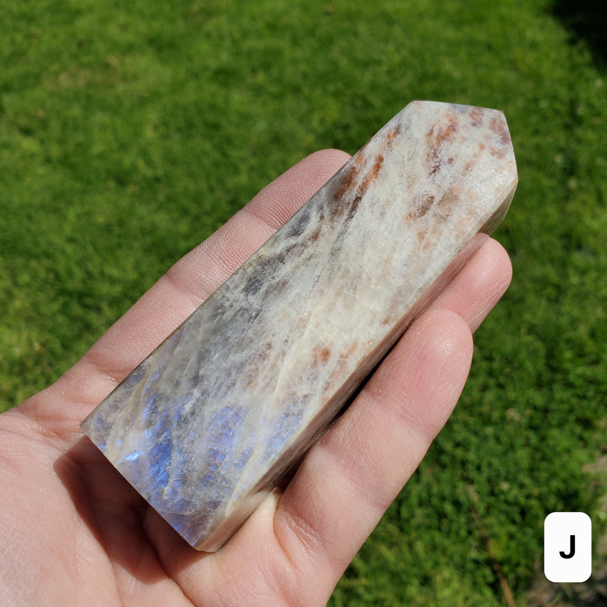 Blue & Gold Flashy Moonstone Tower - Uplifting, Raises Vibration, Feminine Energy, Empowering - Flashy Crystal Point Healing Point Gemstone