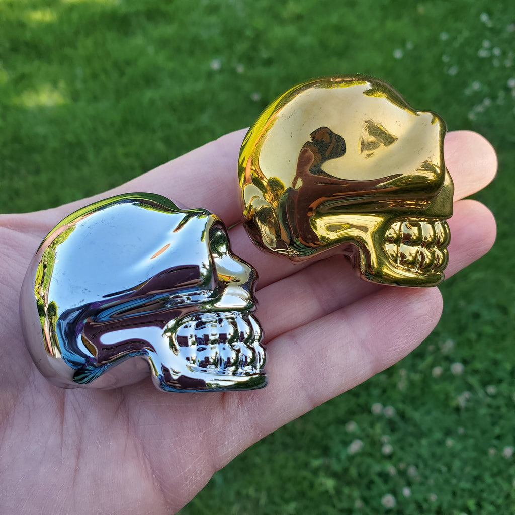 Small Gold Skull or Silver Skull - Helps Release Anger and Negativity - 3D Glass Crystal Carving Halloween Decor, Spooky Scary Skeleton