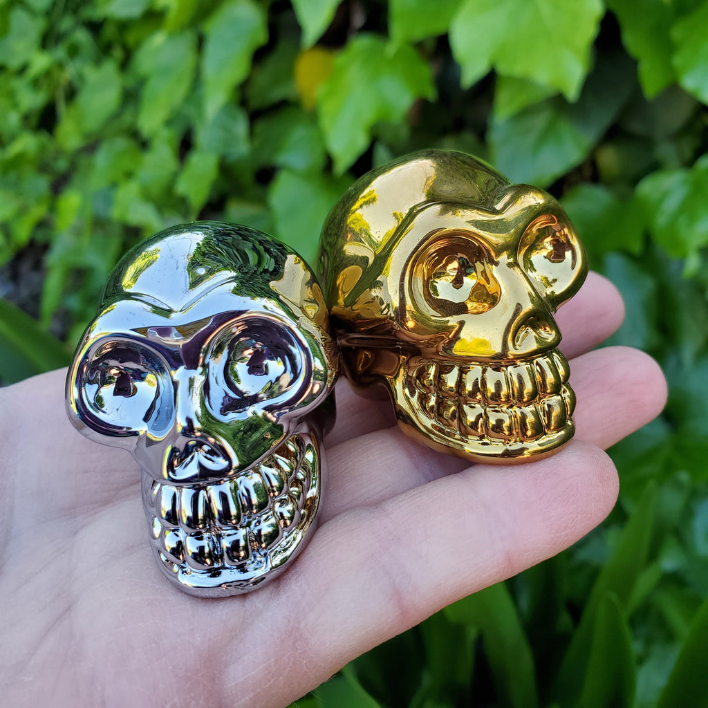 Small Gold Skull or Silver Skull - Helps Release Anger and Negativity - 3D Glass Crystal Carving Halloween Decor, Spooky Scary Skeleton