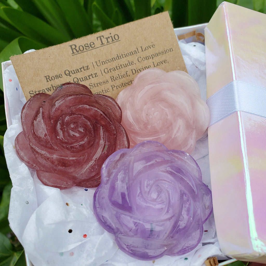 Crystal Rose Trio with Gift Box - Amethyst, Rose Quartz & Strawberry Quartz - Unconditional Love, Gratitude, Stress Relief - Flower Set