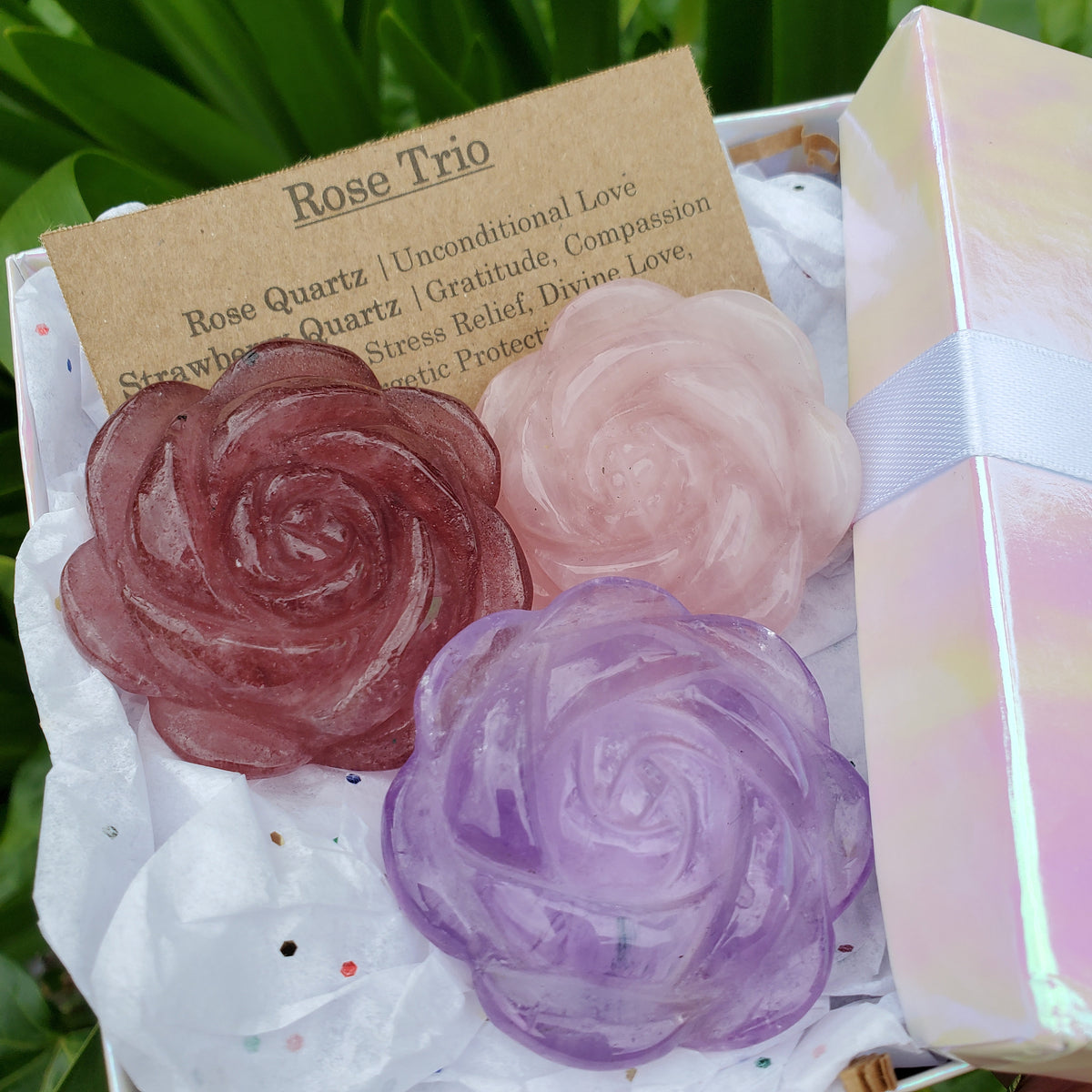 Crystal Rose Trio with Gift Box - Amethyst, Rose Quartz & Strawberry Quartz - Unconditional Love, Gratitude, Stress Relief - Flower Set