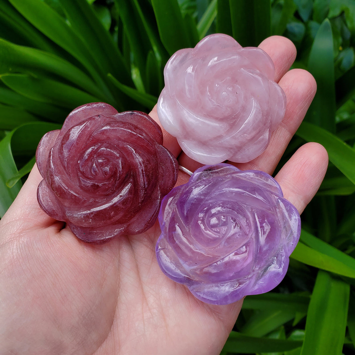 Crystal Rose Trio with Gift Box - Amethyst, Rose Quartz & Strawberry Quartz - Unconditional Love, Gratitude, Stress Relief - Flower Set