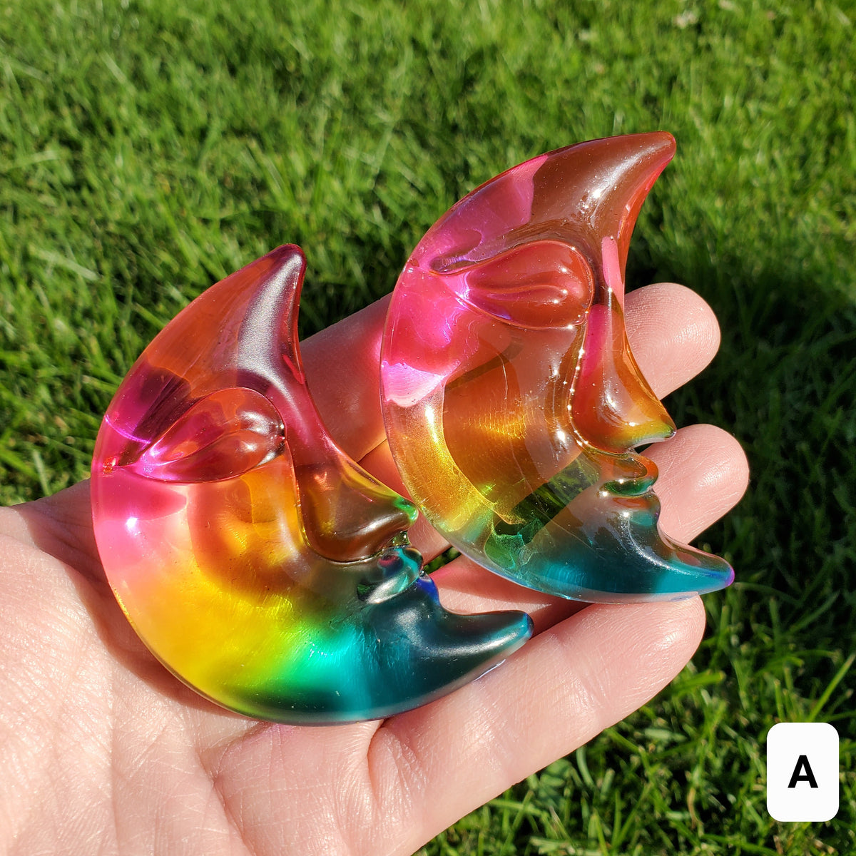 Aura Glass Moon - Light Reflecting Crystal Moon - Helps Release Anger and Negativity - 2.7" Aura Moon Carving