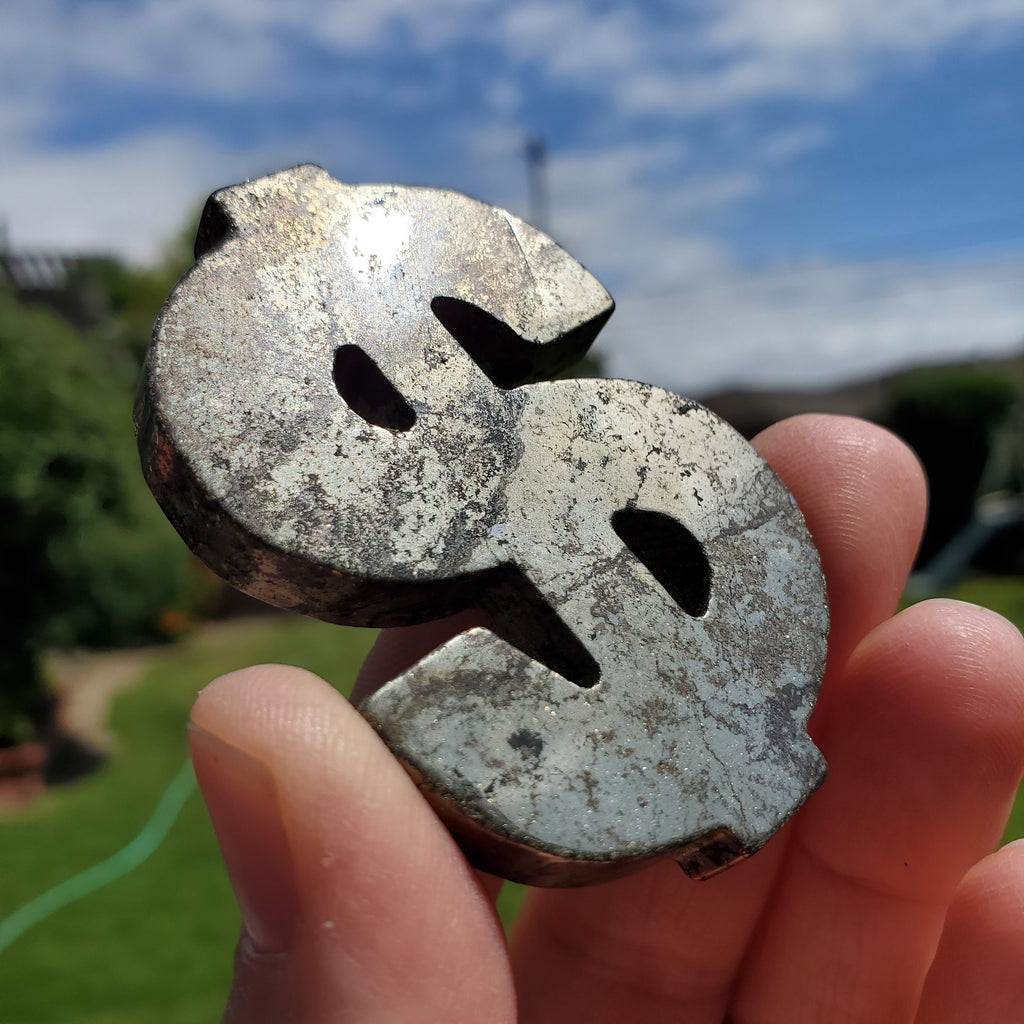 Pyrite Money Sign 2.35" - Blocks Negativity, Blocks EMF, Boost Personal Power - Pyrite Money Crystal Carving Healing Gemstones