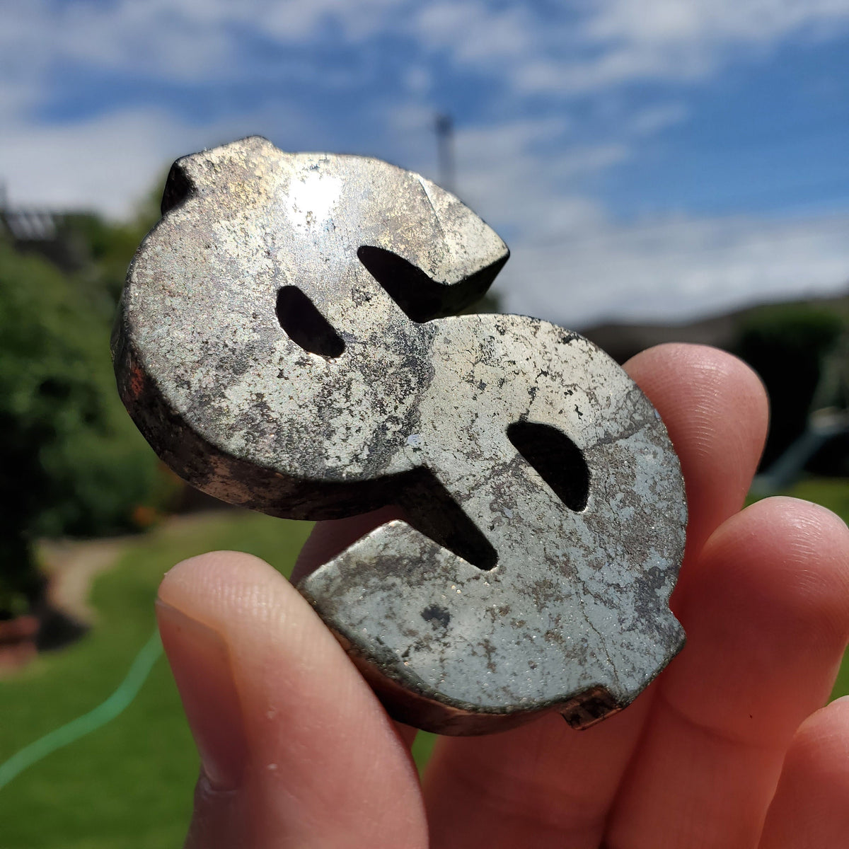 Pyrite Money Sign 2.35" - Blocks Negativity, Blocks EMF, Boost Personal Power - Pyrite Money Crystal Carving Healing Gemstones