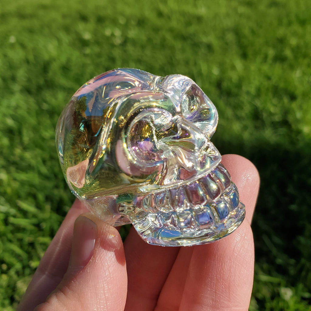 Aura Glass Skull - Helps Release Anger and Negativity - 1.7" Crystal Skull 3D Carving Halloween Spooky Scary Skeleton Decor