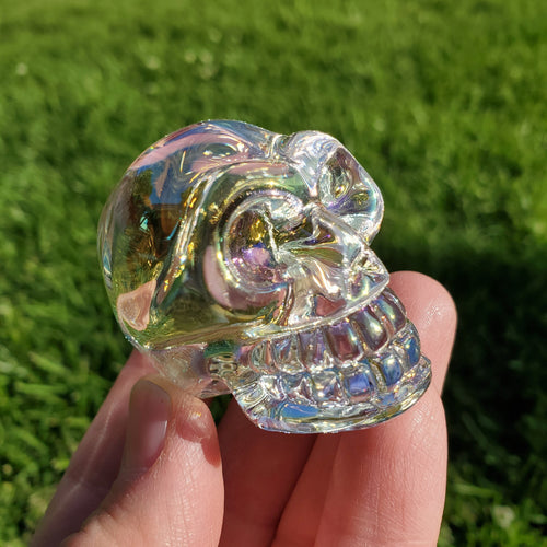Aura Glass Skull - Helps Release Anger and Negativity - 1.7" Crystal Skull 3D Carving Halloween Spooky Scary Skeleton Decor
