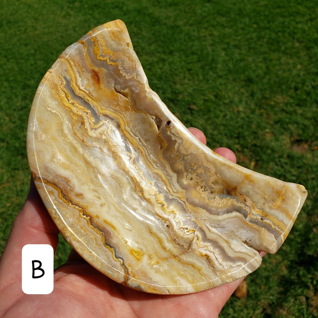 Yellow Lace Agate Crescent Moon Tray - Strength, Courage, Emotional Stability - Crystal Moon Trinket Dish Healing Gemstone