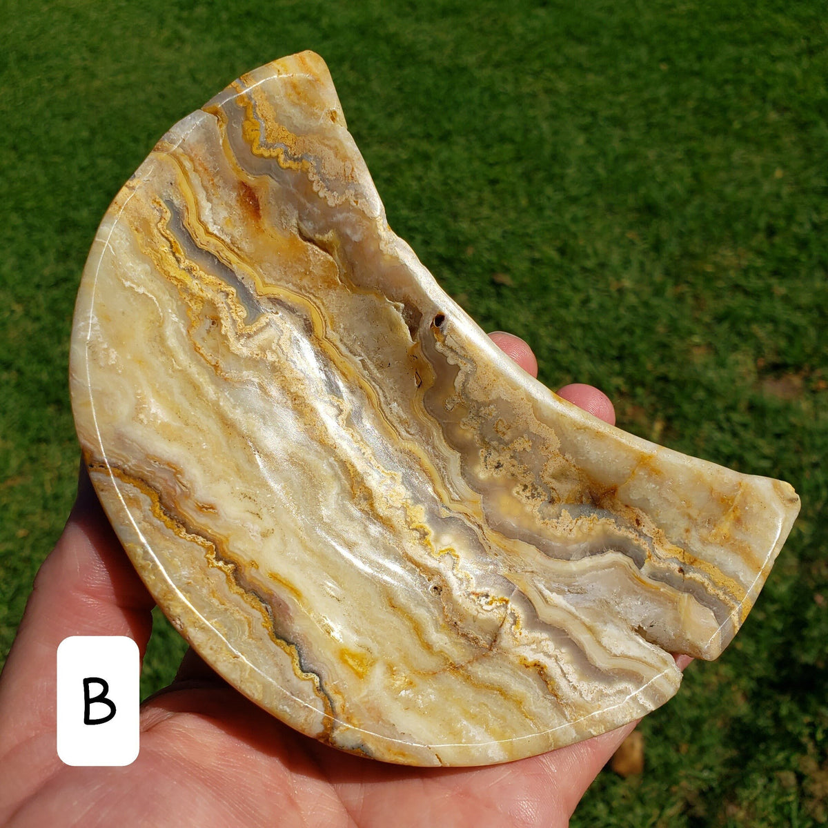 Yellow Lace Agate Crescent Moon Tray - Strength, Courage, Emotional Stability - Crystal Moon Trinket Dish Healing Gemstone
