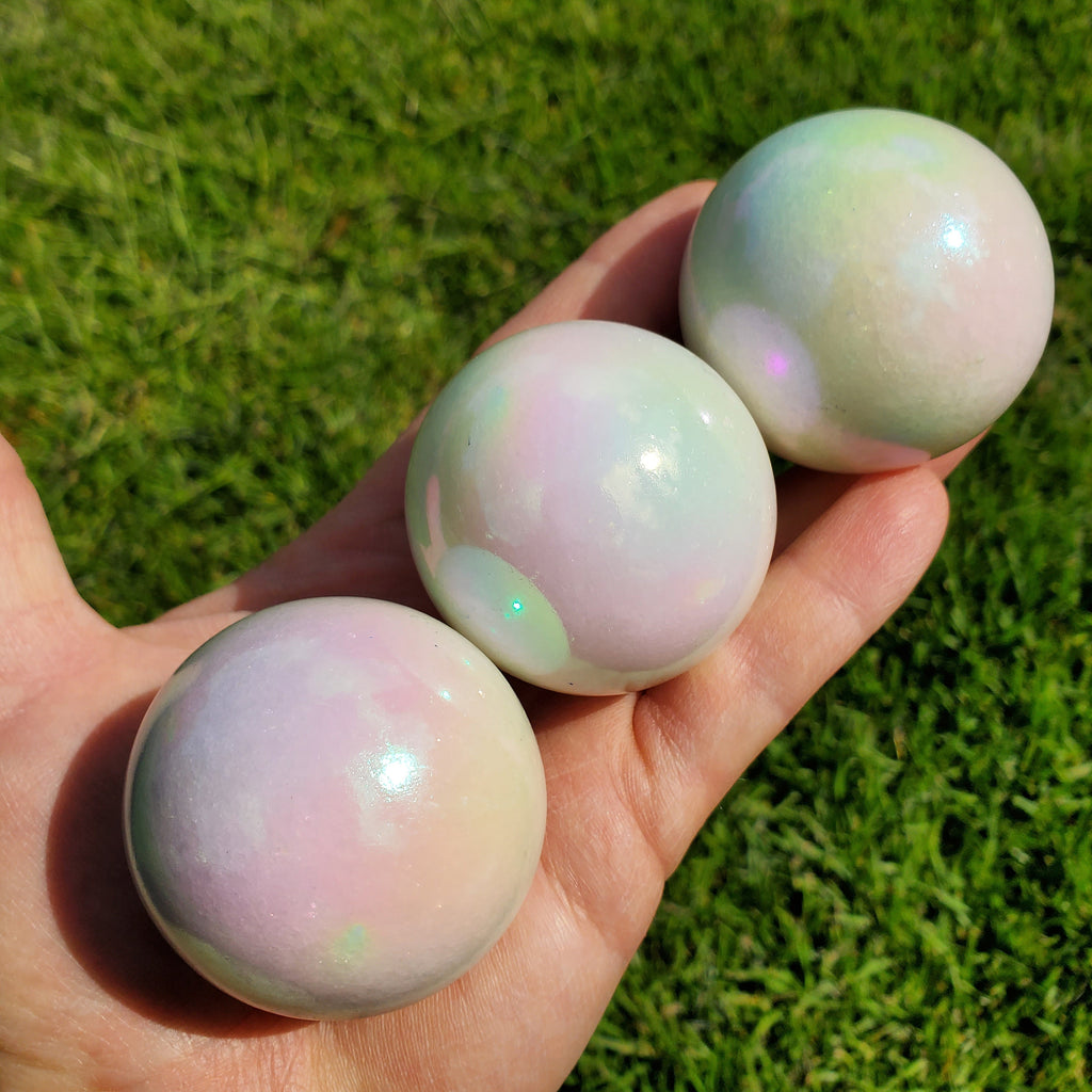 Aura White Jade Sphere - Peaceful, Calm, Love Energy - 1.95" White Jade Crystal Ball Healing Rainbow Gemstones