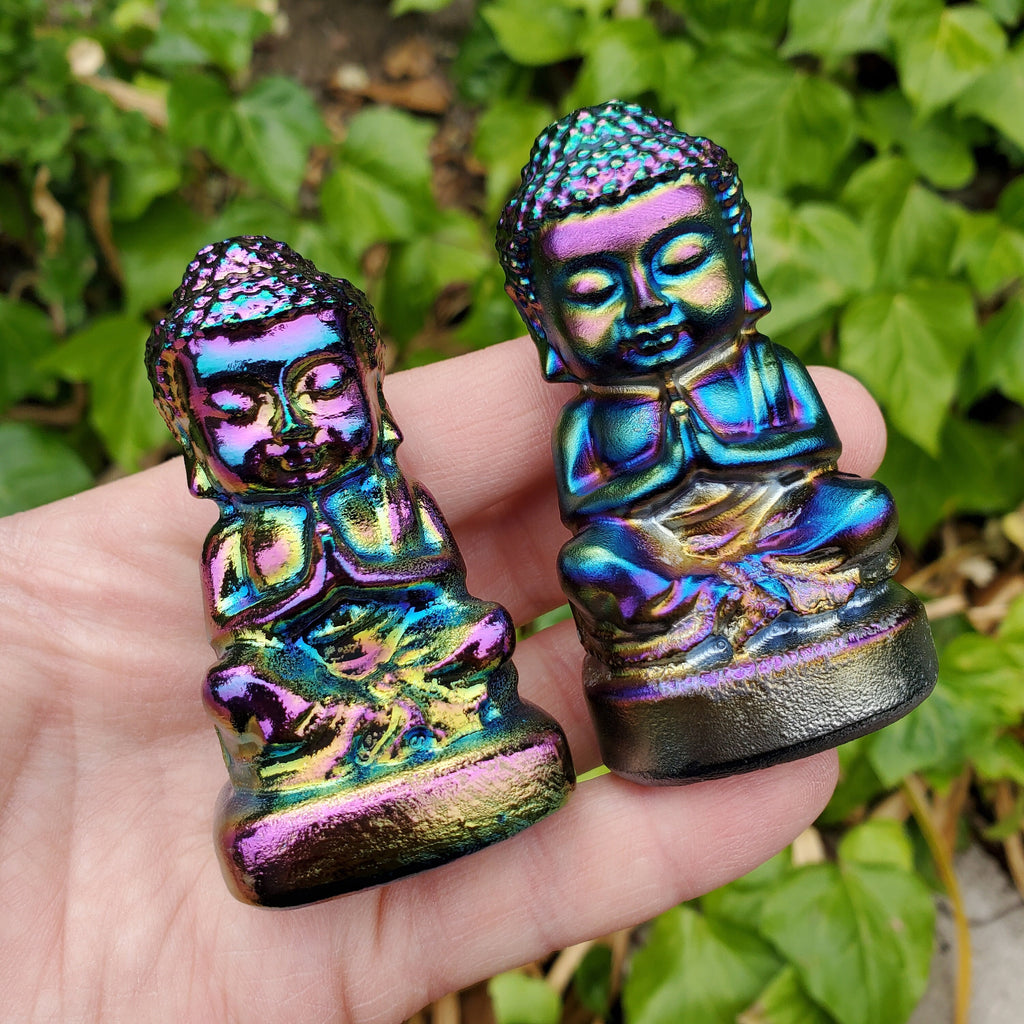 Aura Obsidian Buddha - Self Reflection, Release Negative Energies, Balance - Rainbow Aura Buddha Healing Crystals Gemstones