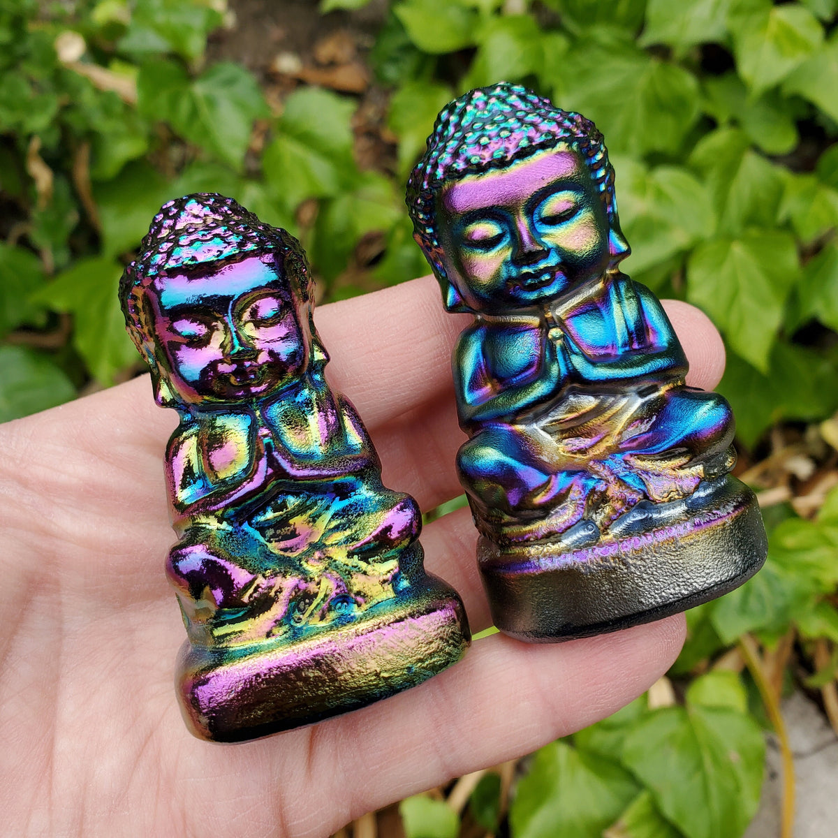 Aura Obsidian Buddha - Self Reflection, Release Negative Energies, Balance - Rainbow Aura Buddha Healing Crystals Gemstones