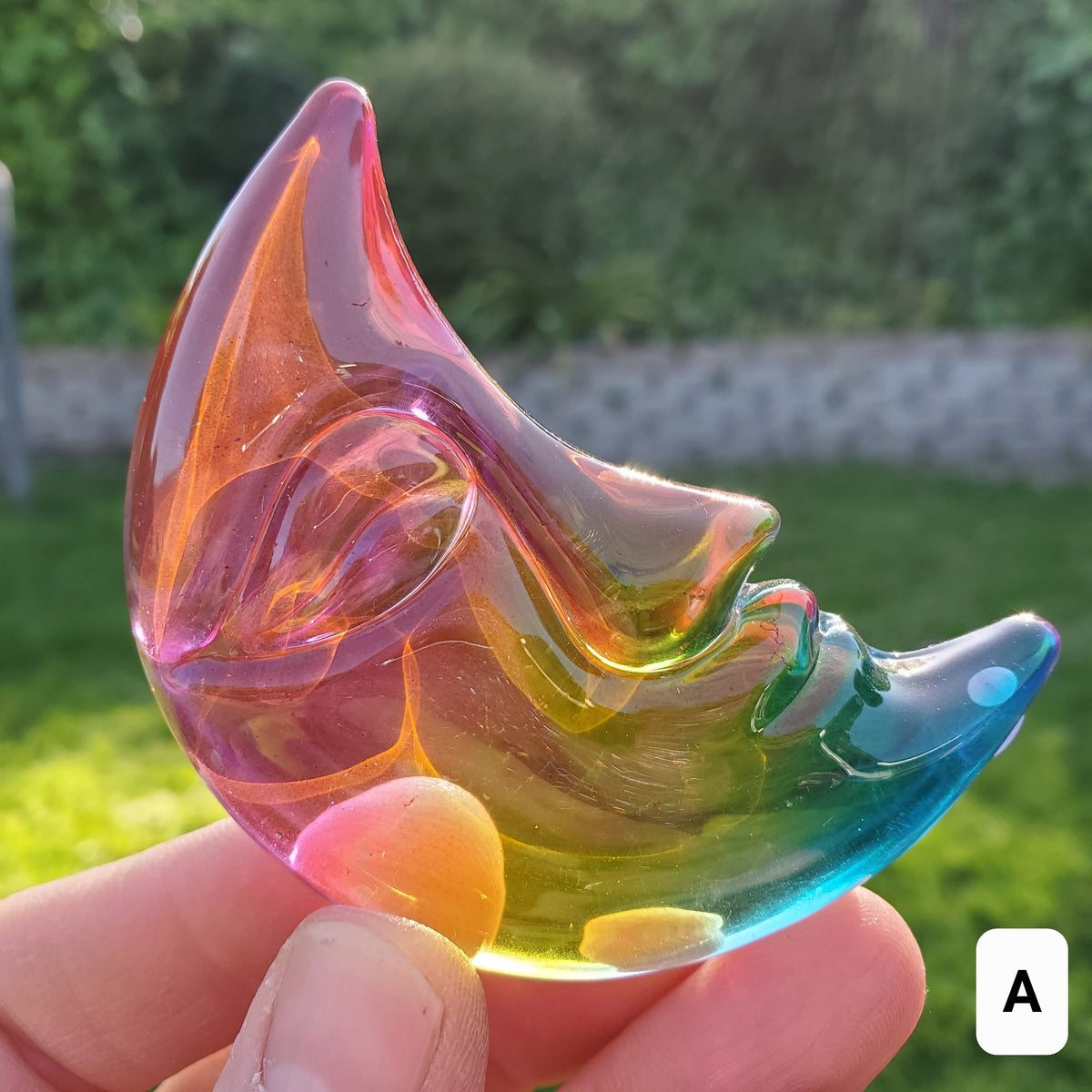Aura Glass Moon - Light Reflecting Crystal Moon - Helps Release Anger and Negativity - 2.7" Aura Moon Carving