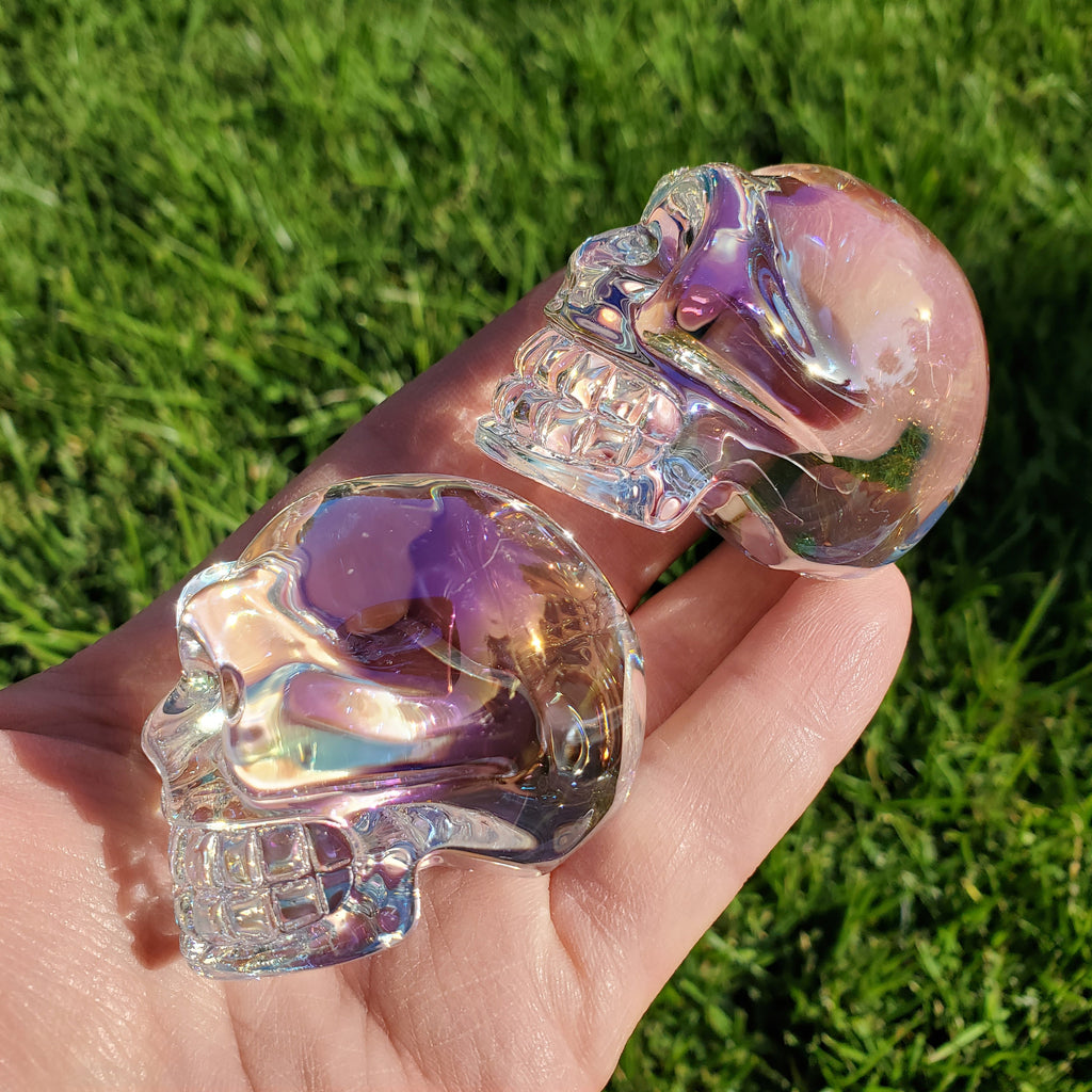 Aura Glass Skull - Helps Release Anger and Negativity - 1.7" Crystal Skull 3D Carving Halloween Spooky Scary Skeleton Decor