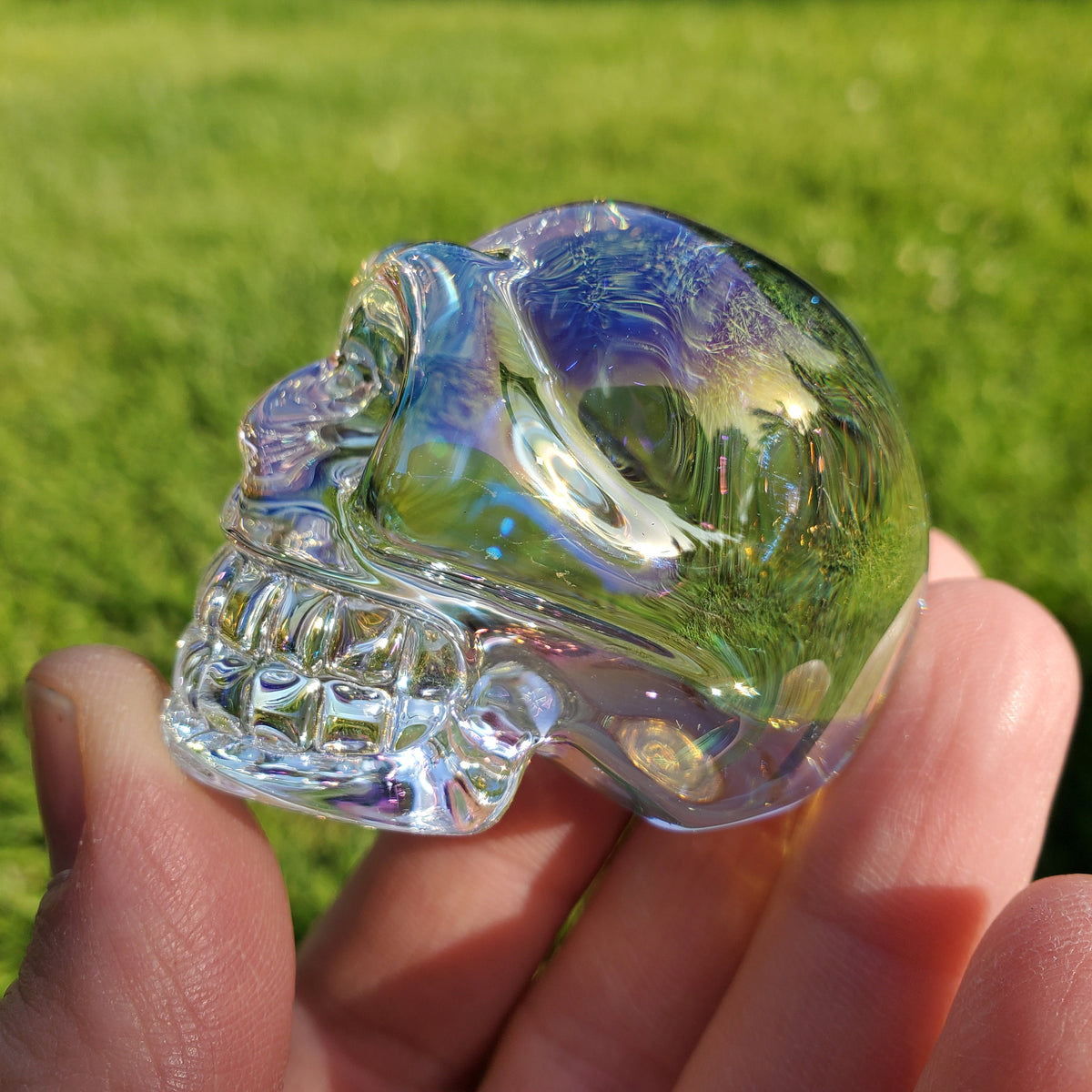 Aura Glass Skull - Helps Release Anger and Negativity - 1.7" Crystal Skull 3D Carving Halloween Spooky Scary Skeleton Decor