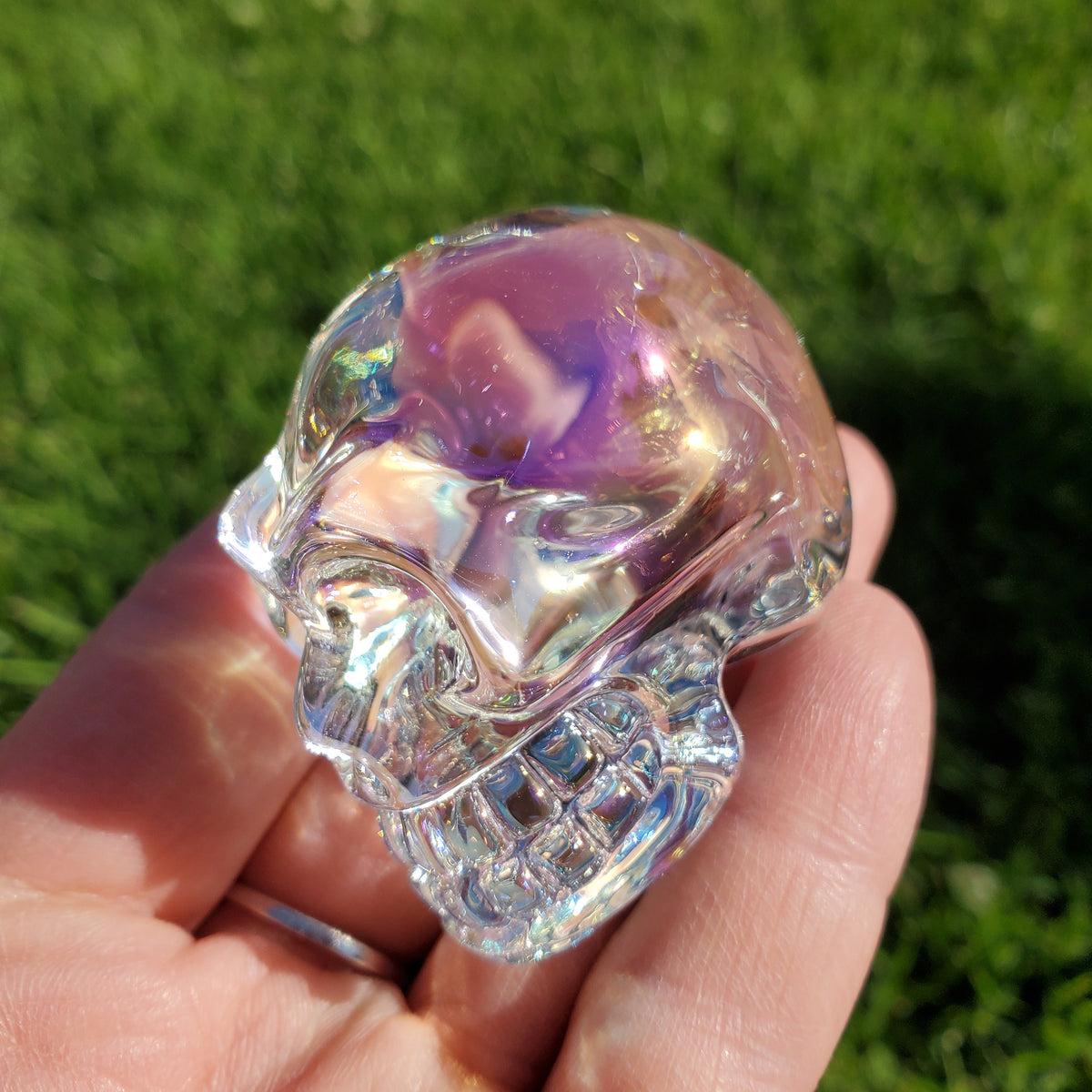 Aura Glass Skull - Helps Release Anger and Negativity - 1.7" Crystal Skull 3D Carving Halloween Spooky Scary Skeleton Decor