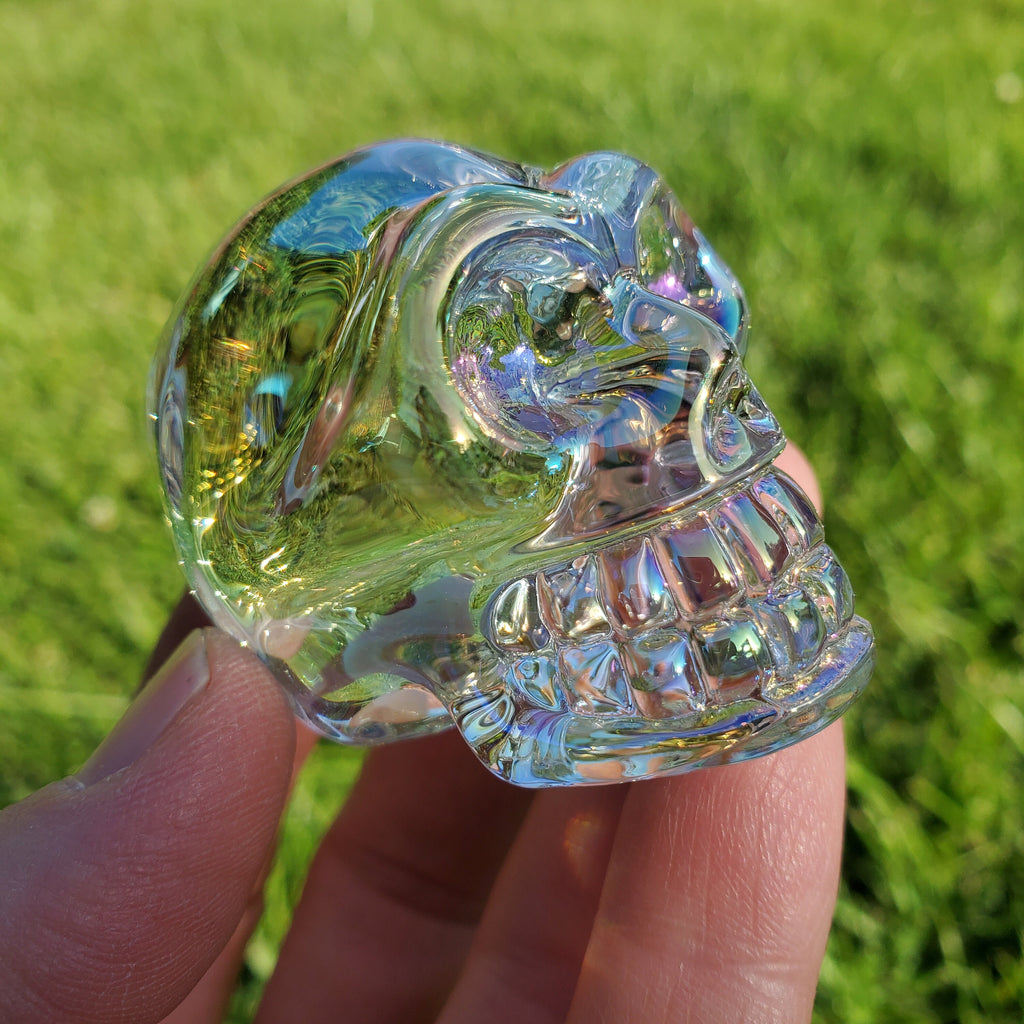 Aura Glass Skull - Helps Release Anger and Negativity - 1.7" Crystal Skull 3D Carving Halloween Spooky Scary Skeleton Decor