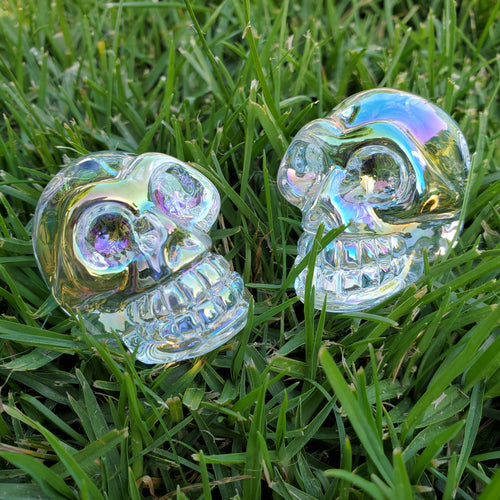 Aura Glass Skull - Helps Release Anger and Negativity - 1.7" Crystal Skull 3D Carving Halloween Spooky Scary Skeleton Decor