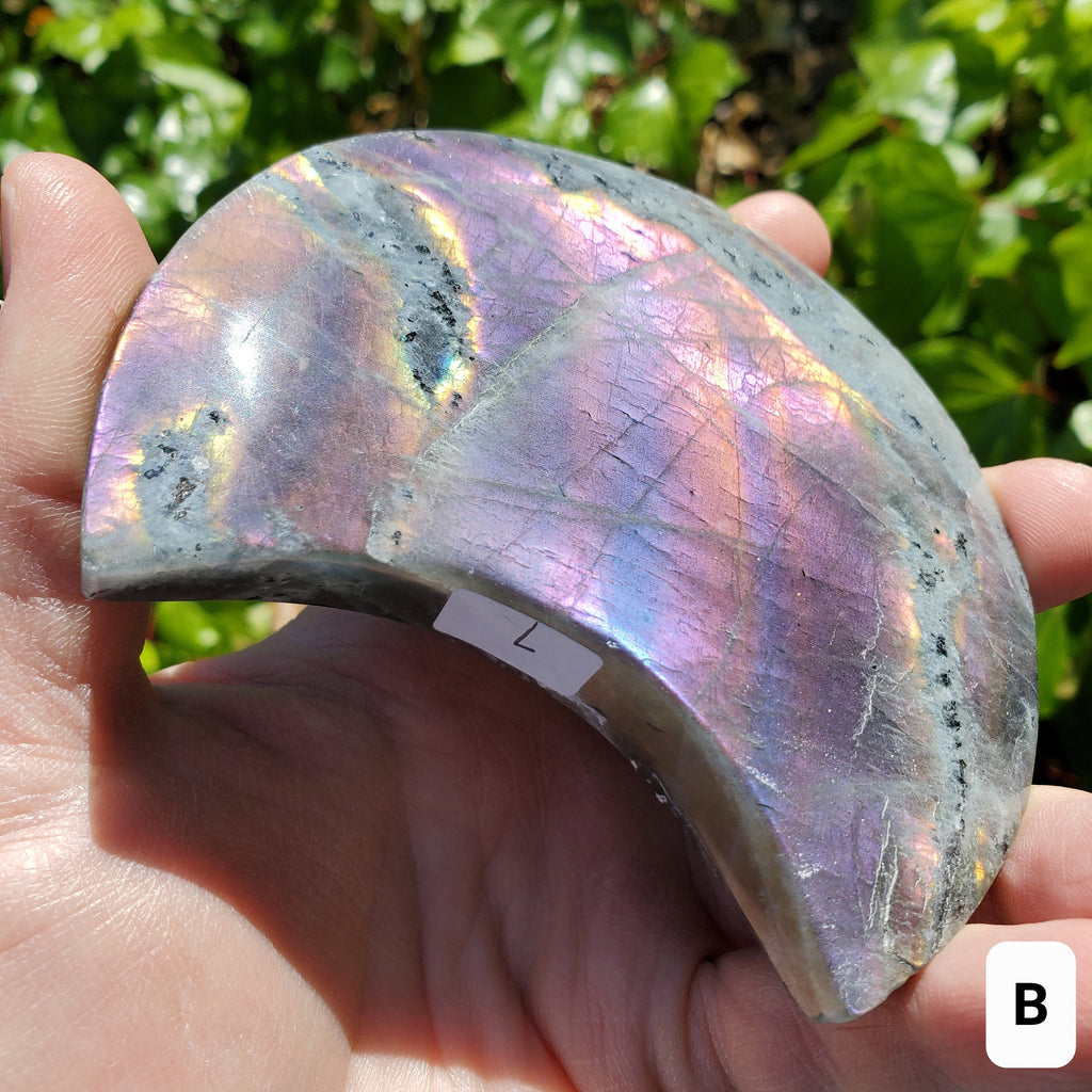Flashy Labradorite Moon on Stand - Awareness, Connection, Intuition - Rainbow Flash Lab Stone Healing Statement Crystal Display