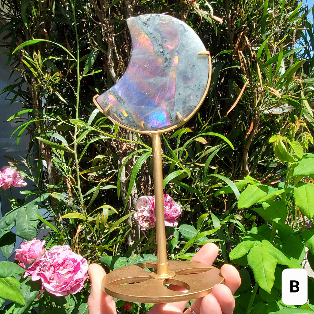 Flashy Labradorite Moon on Stand - Awareness, Connection, Intuition - Rainbow Flash Lab Stone Healing Statement Crystal Display