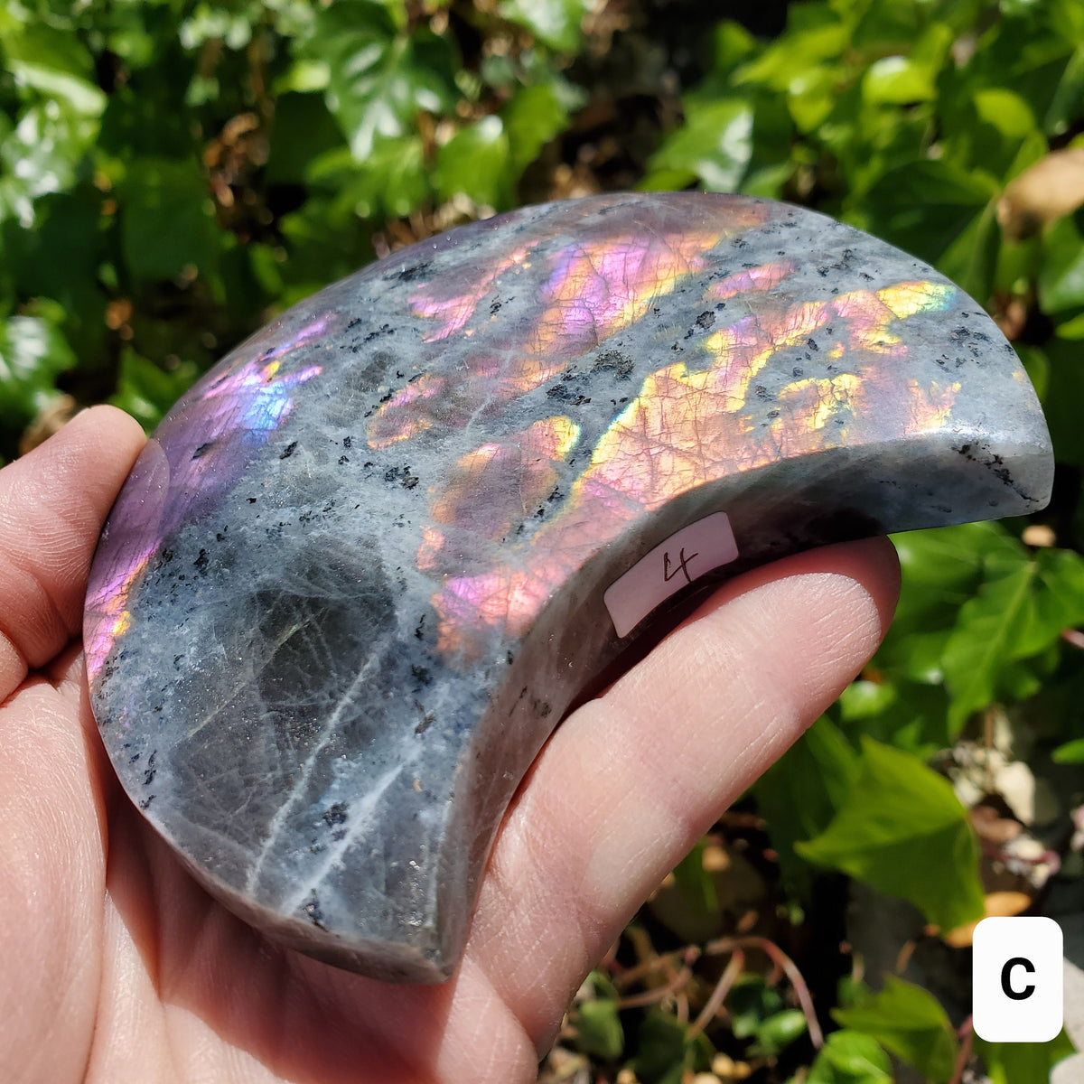 Flashy Labradorite Moon on Stand - Awareness, Connection, Intuition - Rainbow Flash Lab Stone Healing Statement Crystal Display