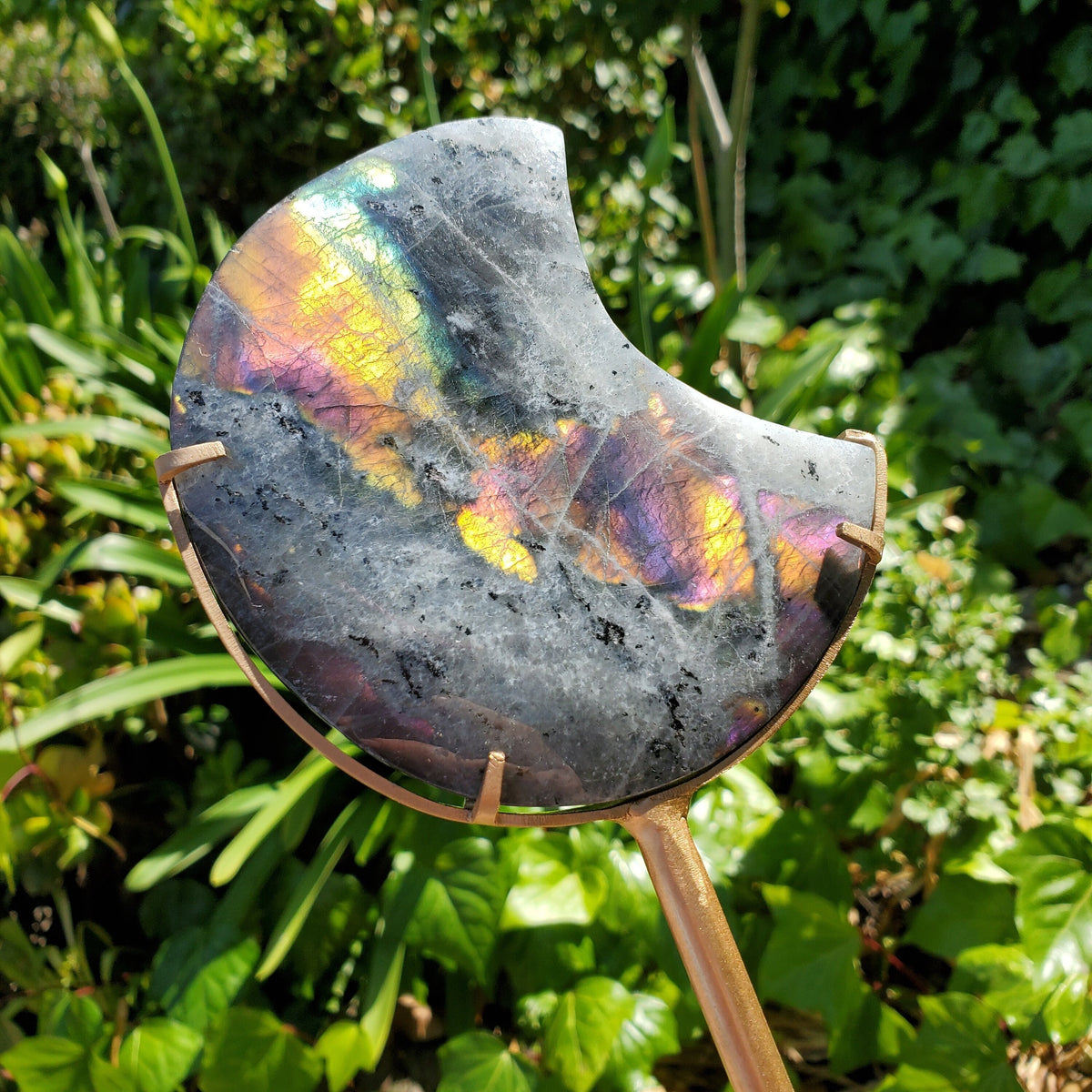 Flashy Labradorite Moon on Stand - Awareness, Connection, Intuition - Rainbow Flash Lab Stone Healing Statement Crystal Display