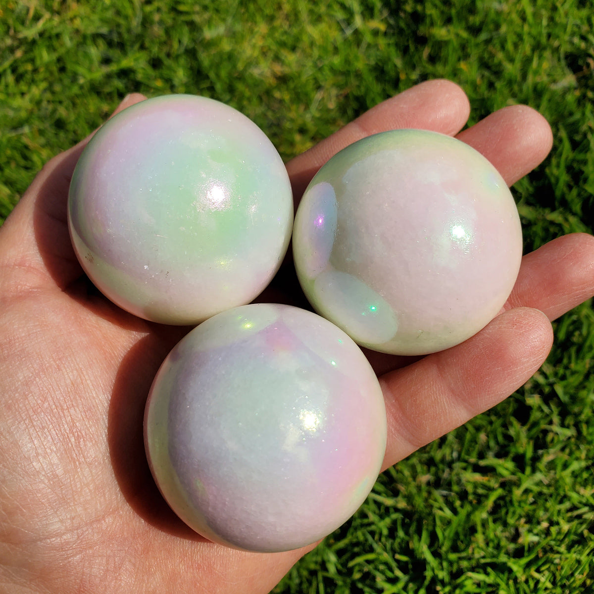 Aura White Jade Sphere - Peaceful, Calm, Love Energy - 1.95" White Jade Crystal Ball Healing Rainbow Gemstones