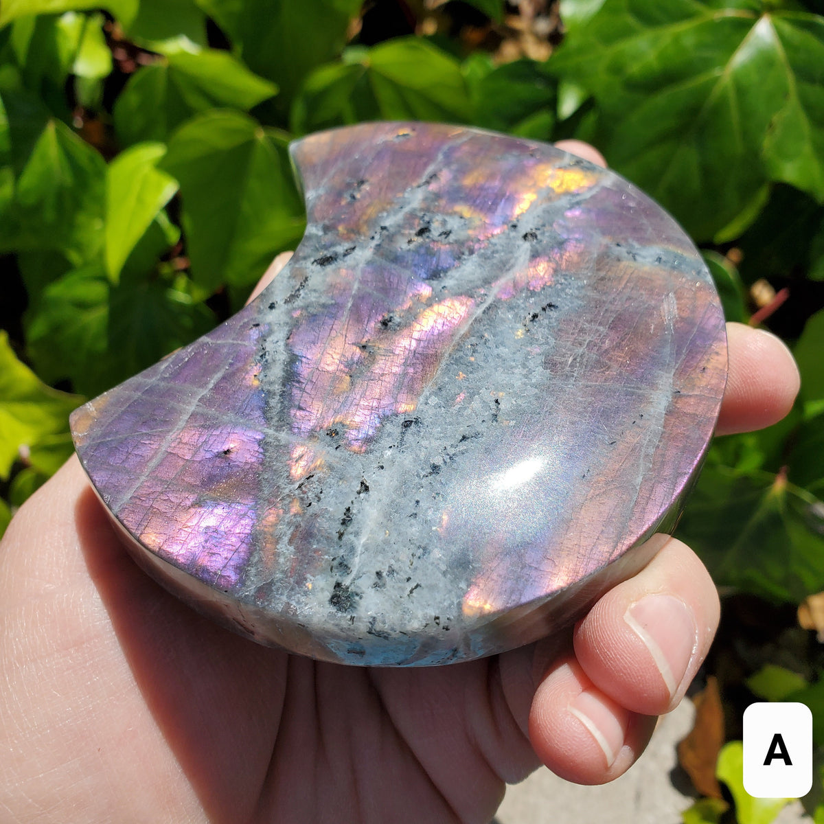 Flashy Labradorite Moon on Stand - Awareness, Connection, Intuition - Rainbow Flash Lab Stone Healing Statement Crystal Display