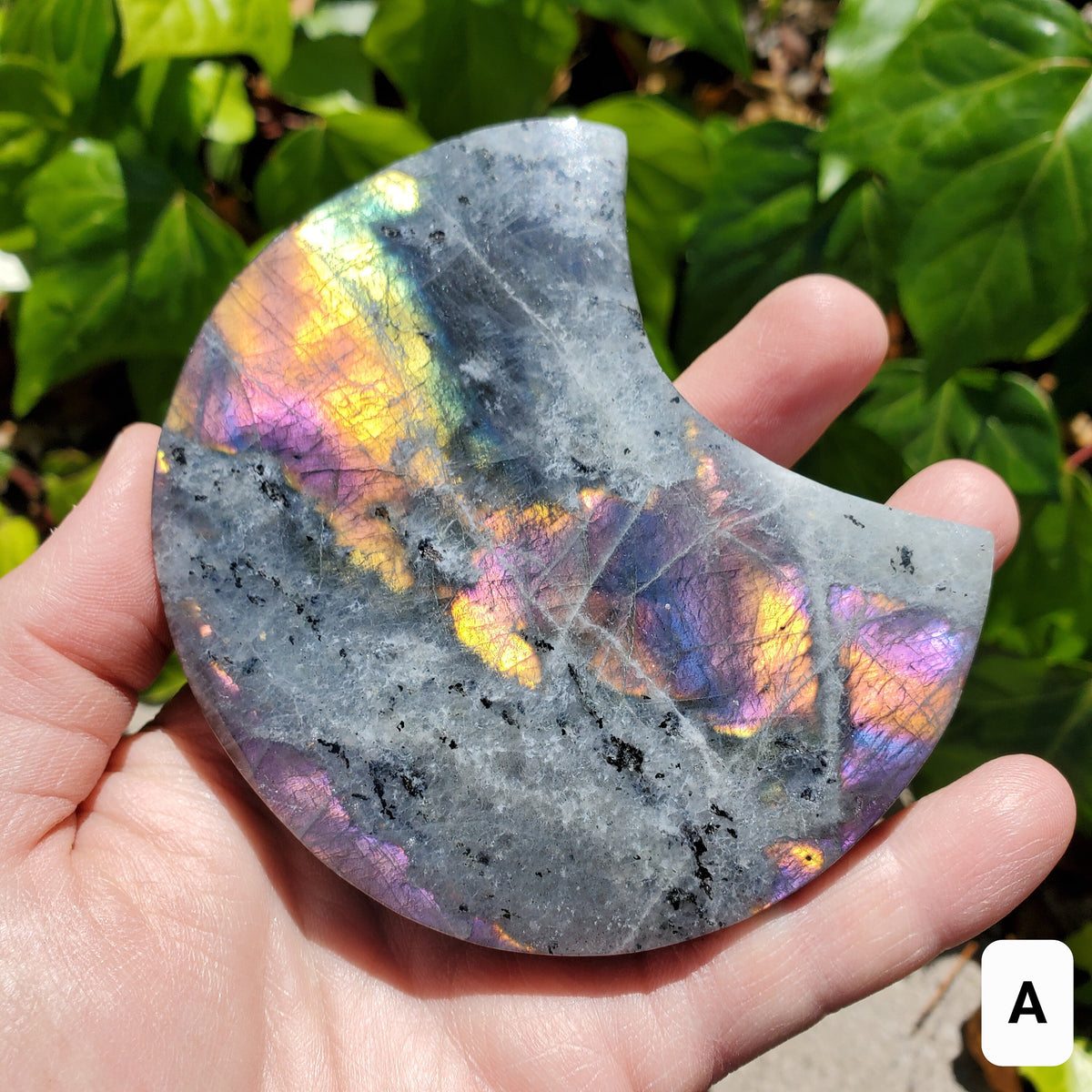 Flashy Labradorite Moon on Stand - Awareness, Connection, Intuition - Rainbow Flash Lab Stone Healing Statement Crystal Display