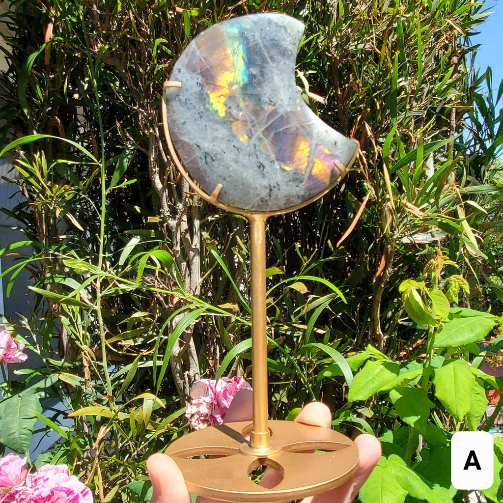Flashy Labradorite Moon on Stand - Awareness, Connection, Intuition - Rainbow Flash Lab Stone Healing Statement Crystal Display
