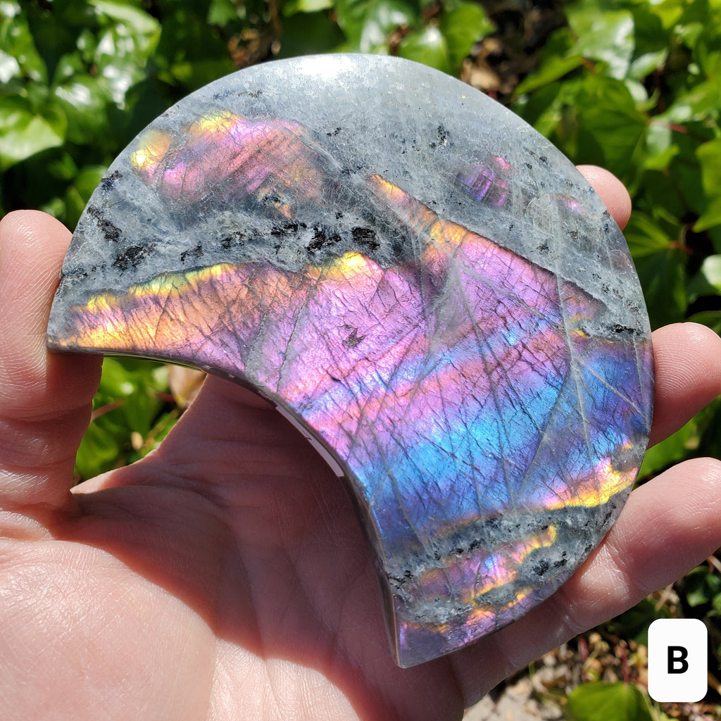 Flashy Labradorite Moon on Stand - Awareness, Connection, Intuition - Rainbow Flash Lab Stone Healing Statement Crystal Display