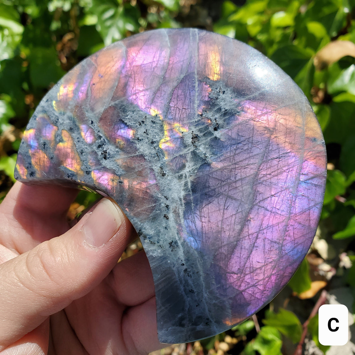 Flashy Labradorite Moon on Stand - Awareness, Connection, Intuition - Rainbow Flash Lab Stone Healing Statement Crystal Display