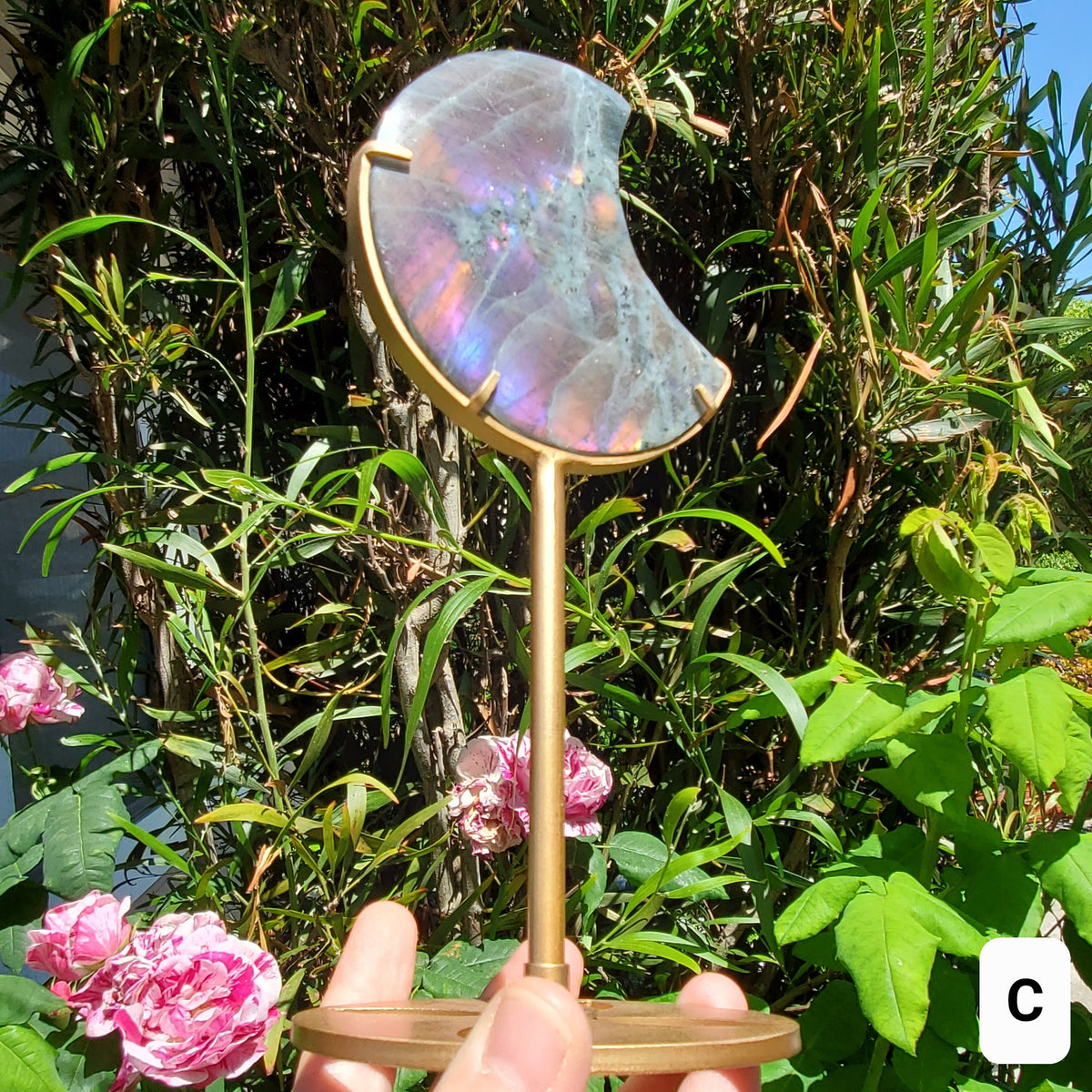 Flashy Labradorite Moon on Stand - Awareness, Connection, Intuition - Rainbow Flash Lab Stone Healing Statement Crystal Display